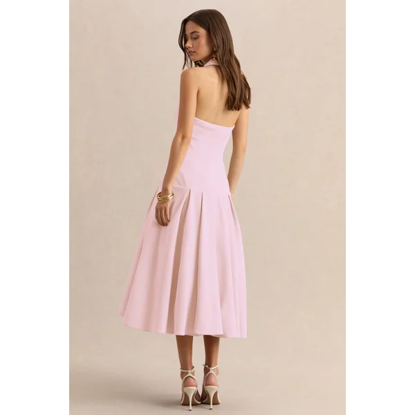 Elise | Robe mi-longue rose clair à décolleté plongeant avec taille basse