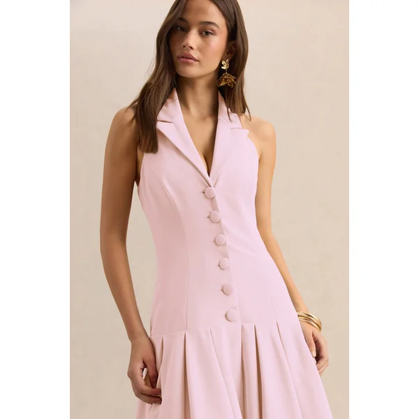 Elise | Robe mi-longue rose clair à décolleté plongeant avec taille basse