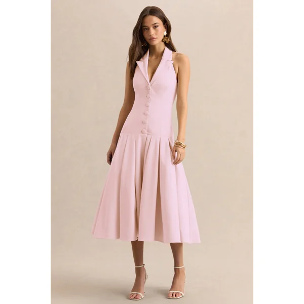 Elise | Robe mi-longue rose clair à décolleté plongeant avec taille basse