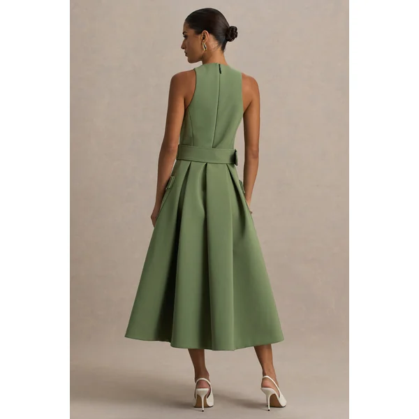Elisia | Robe mi-longue olive à encolure ronde avec ceinture