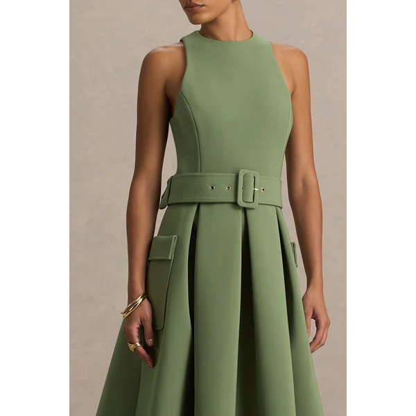 Elisia | Robe mi-longue olive à encolure ronde avec ceinture