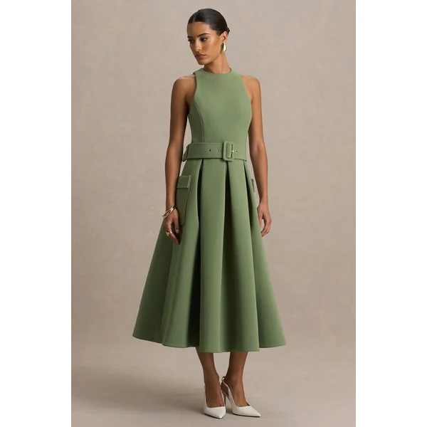 Elisia | Robe mi-longue olive à encolure ronde avec ceinture