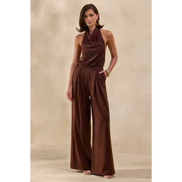 Elisra | Combinaison marron en satin à col dos nu