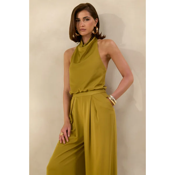 Elisra | Combinaison olive en satin à col dos nu