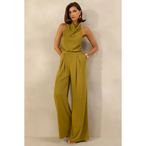 Elisra | Combinaison olive en satin à col dos nu