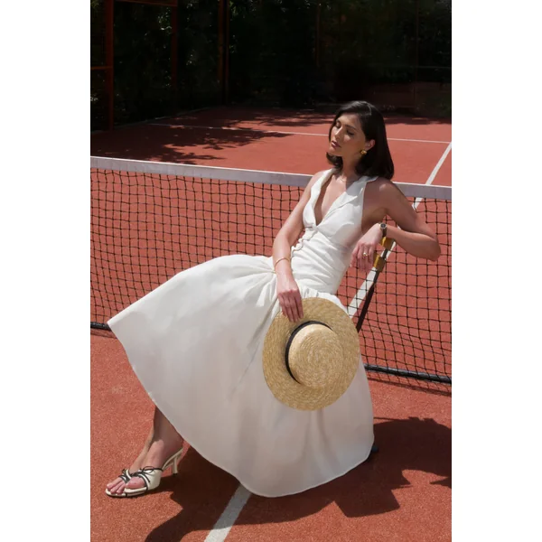 Ella | Robe mi-longue blanche à décolleté plongeant et taille basse