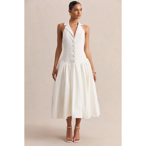 Ella | Robe mi-longue blanche à décolleté plongeant et taille basse
