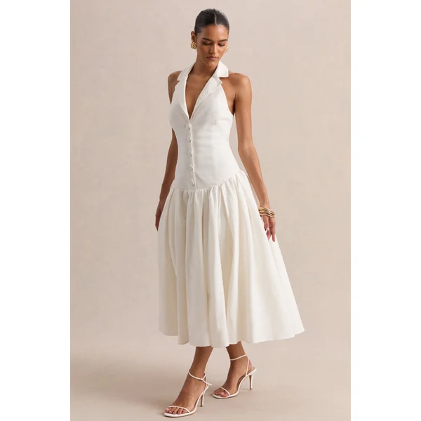 Ella | Robe mi-longue blanche à décolleté plongeant et taille basse