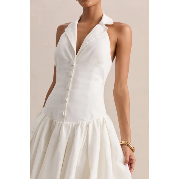 Ella | Robe mi-longue blanche à décolleté plongeant et taille basse