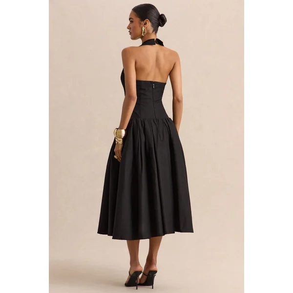 Ella | Robe mi-longue noire à décolleté plongeant et taille basse