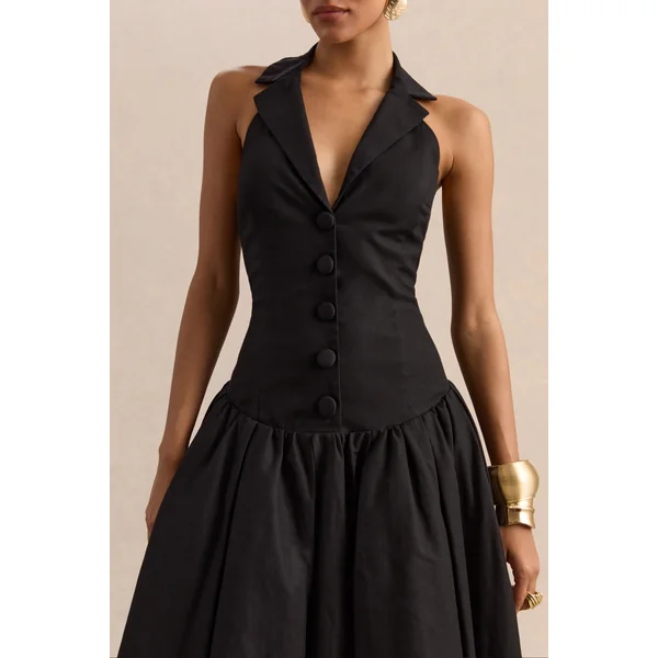 Ella | Robe mi-longue noire à décolleté plongeant et taille basse