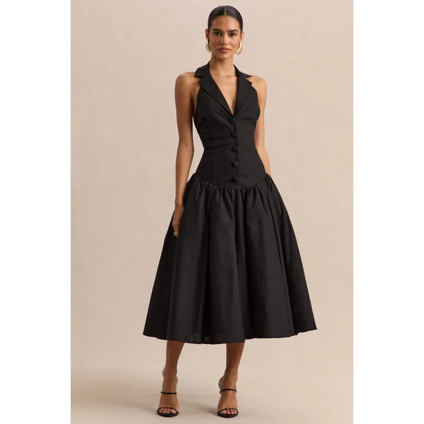 Ella | Robe mi-longue noire à décolleté plongeant et taille basse