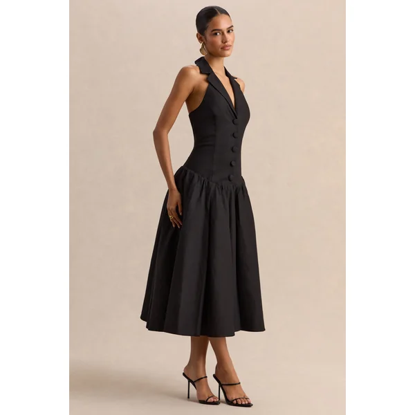 Ella | Robe mi-longue noire à décolleté plongeant et taille basse