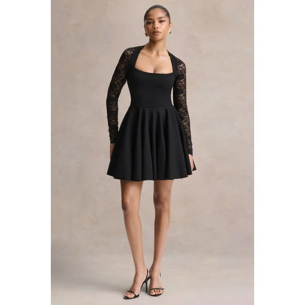 Elowen | Mini-robe noire à encolure carrée avec manches en dentelle