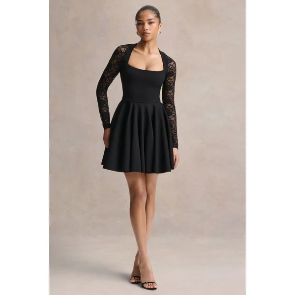 Elowen | Mini-robe noire à encolure carrée avec manches en dentelle