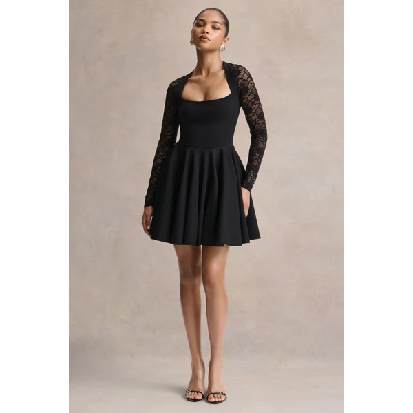 Elowen | Mini-robe noire à encolure carrée avec manches en dentelle