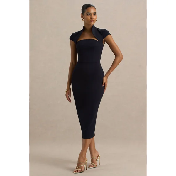 Elsie | Robe mi-longue bleu marine à encolure découpée avec manches courtes