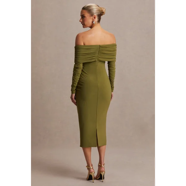 Elspeth | Robe de maternité mi-longue couleur olive à encolure bardot
