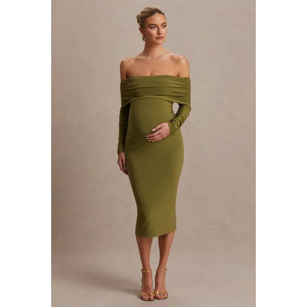 Elspeth | Robe de maternité mi-longue couleur olive à encolure bardot