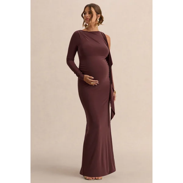Emanuela | Robe longue de grossesse marron foncé à encolure bateau avec détail d’écharpe