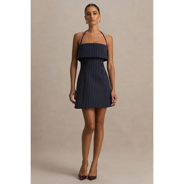 Ember | Mini-robe bleu marine à rayures fines et encolure carrée