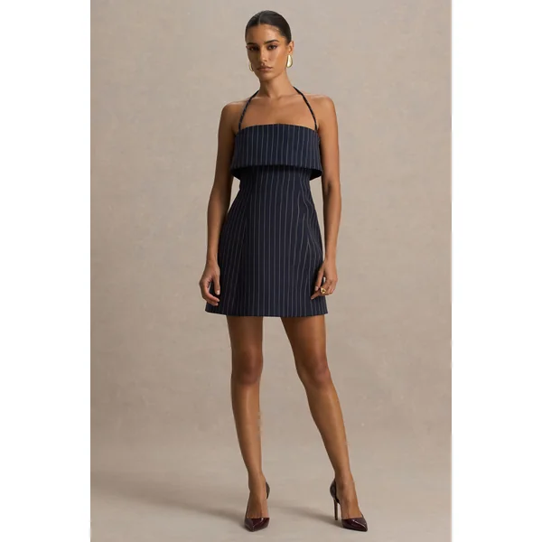 Ember | Mini-robe bleu marine à rayures fines et encolure carrée
