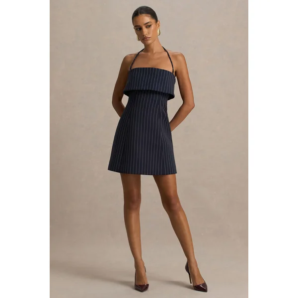 Ember | Mini-robe bleu marine à rayures fines et encolure carrée