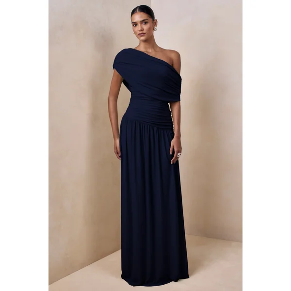 Emberly | Robe longue marine à encolure asymétrique drapée avec taille basse