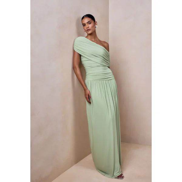 Emberly | Robe longue verte à encolure asymétrique drapée avec taille basse