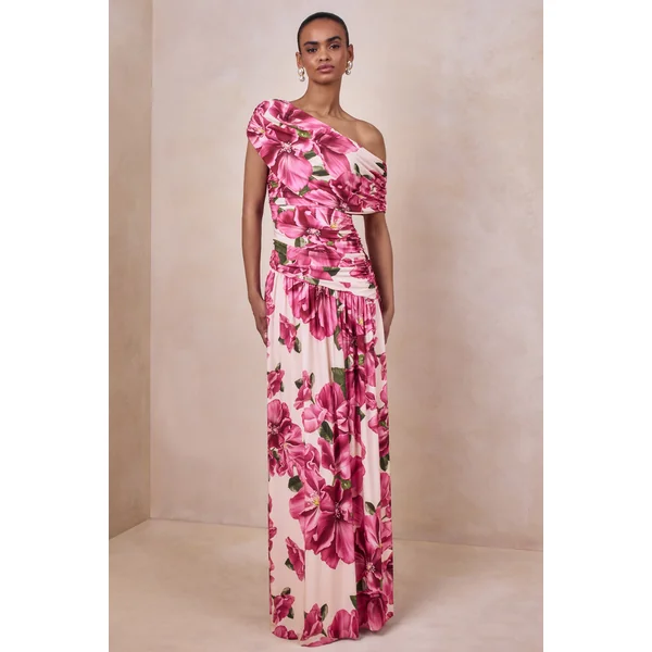 Emberly | Robe longue à imprimé floral hibiscus rose à encolure asymétrique et taille basse
