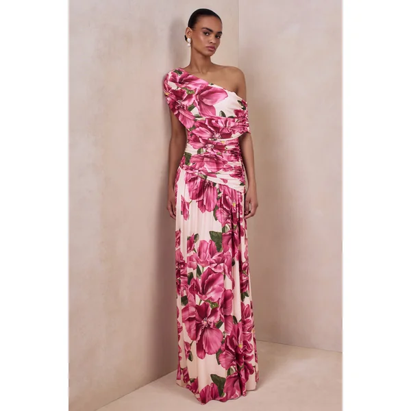 Emberly | Robe longue à imprimé floral hibiscus rose à encolure asymétrique et taille basse