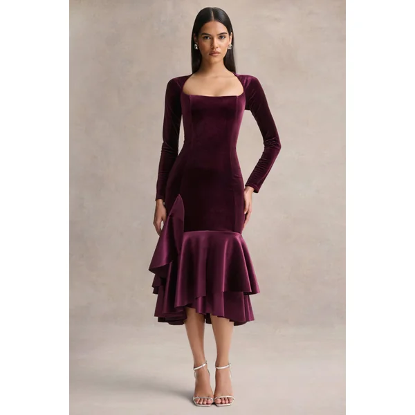 Emberlyn | Robe mi-longue sirène en velours bordeaux à encolure dégagée