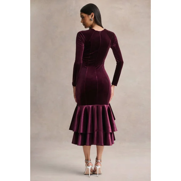Emberlyn | Robe mi-longue sirène en velours bordeaux à encolure dégagée