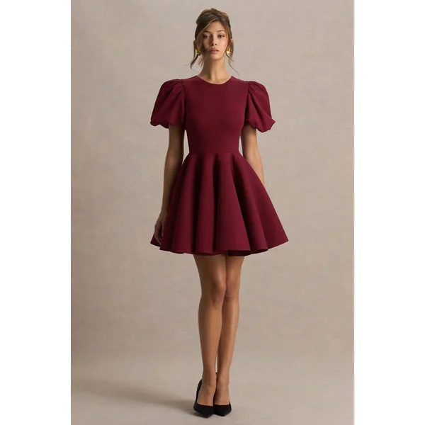 Emelia | Robe patineuse bordeaux à manches ballon