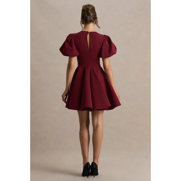 Emelia | Robe patineuse bordeaux à manches ballon