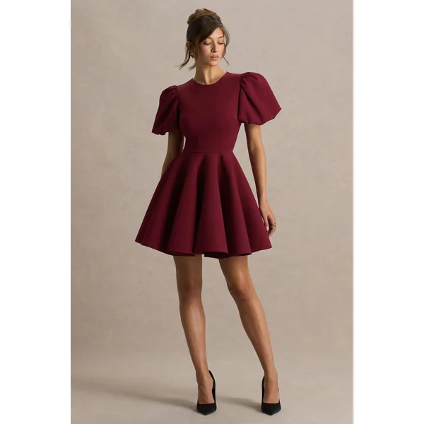 Emelia | Robe patineuse bordeaux à manches ballon