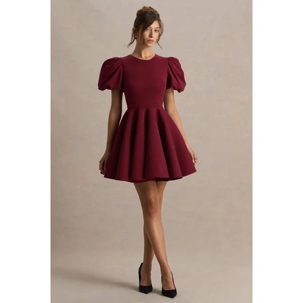 Emelia | Robe patineuse bordeaux à manches ballon