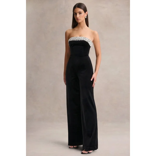 Emelie | Combinaison noire en velours à encolure bandeau ornée à la main