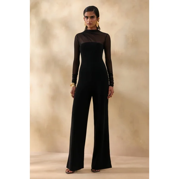 Emeria | Combinaison noire à encolure haute avec manches longues en mesh