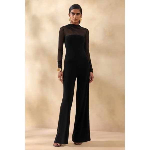 Emeria | Combinaison noire à encolure haute avec manches longues en mesh