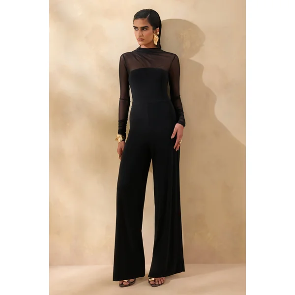 Emeria | Combinaison noire à encolure haute avec manches longues en mesh