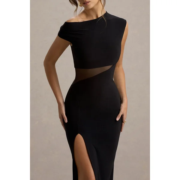 Emily | Robe longue asymétrique noire à fente avec détails en mesh