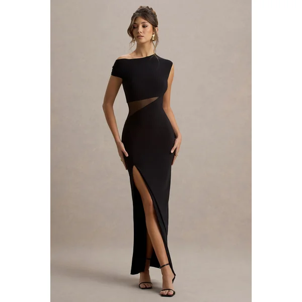 Emily | Robe longue asymétrique noire à fente avec détails en mesh