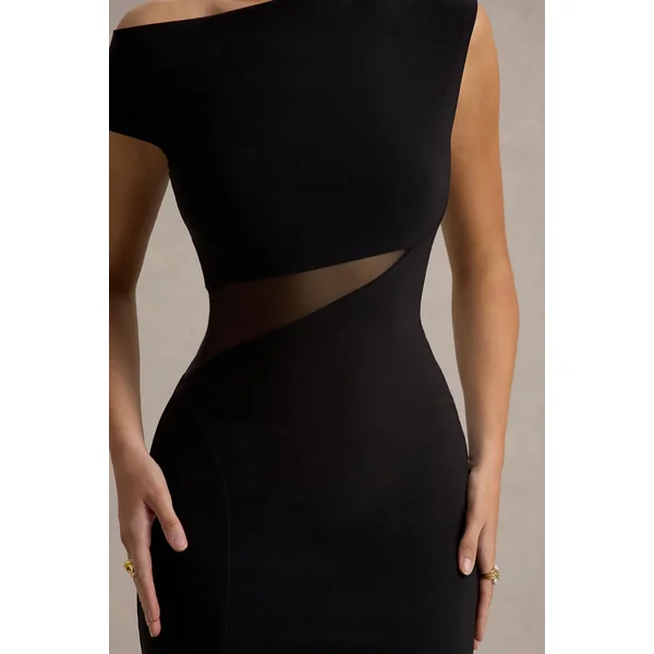 Emily | Robe longue asymétrique noire à fente avec détails en mesh