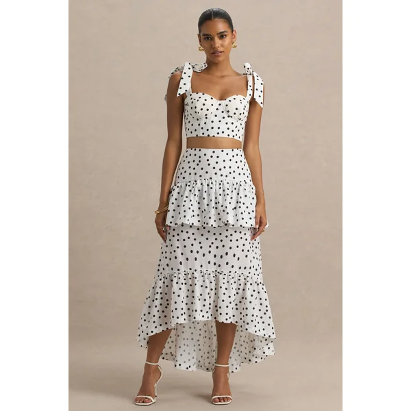 Emry | Jupe longue taille haute à imprimé pois blancs ornée de volants