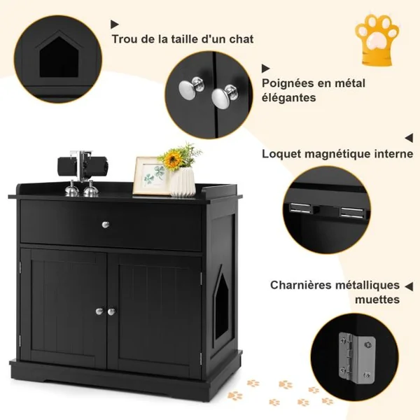 Enceinte de Bac à Litière pour Chat Meubles de Toilette Cachés pour Chat avec Tiroir et 2 Portes Table d'Appoint pour Chat Noir