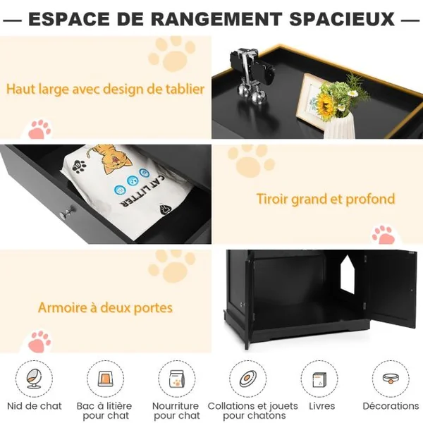 Enceinte de Bac à Litière pour Chat Meubles de Toilette Cachés pour Chat avec Tiroir et 2 Portes Table d'Appoint pour Chat Noir