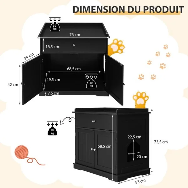 Enceinte de Bac à Litière pour Chat Meubles de Toilette Cachés pour Chat avec Tiroir et 2 Portes Table d'Appoint pour Chat Noir