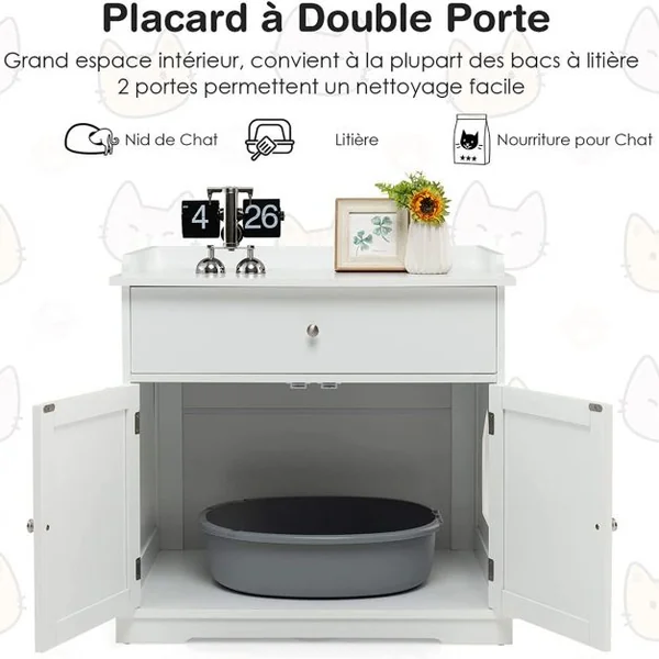 Enceinte de Bac à Litière pour Chat Meubles de Toilette Cachés pour Chat avec Tiroir et 2 Portes Table d'Appoint pour Chat