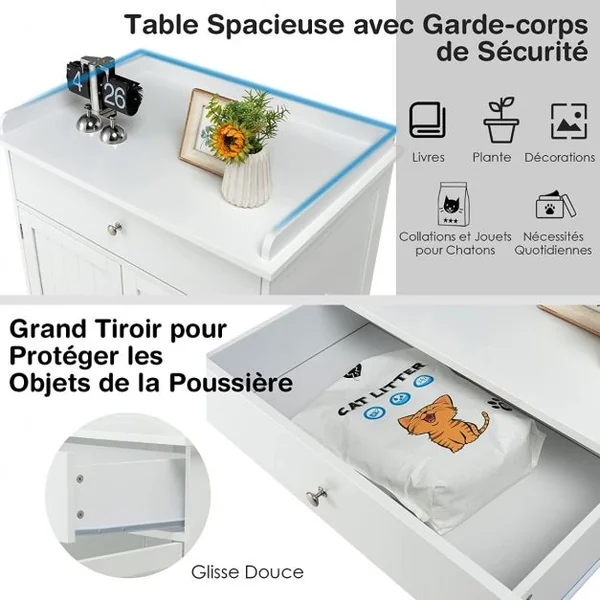 Enceinte de Bac à Litière pour Chat Meubles de Toilette Cachés pour Chat avec Tiroir et 2 Portes Table d'Appoint pour Chat
